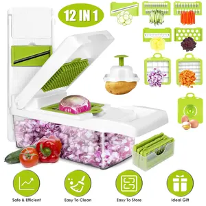 12-in-1 Stainless Steel & Plastic Straight Kitchen Vegetable Chopper with Container, Slicer, Dicer, Grater, Peeler, Egg Separator, Hand Protector for Onion, Potato (GPCT2055Pro) Manual Utensil
