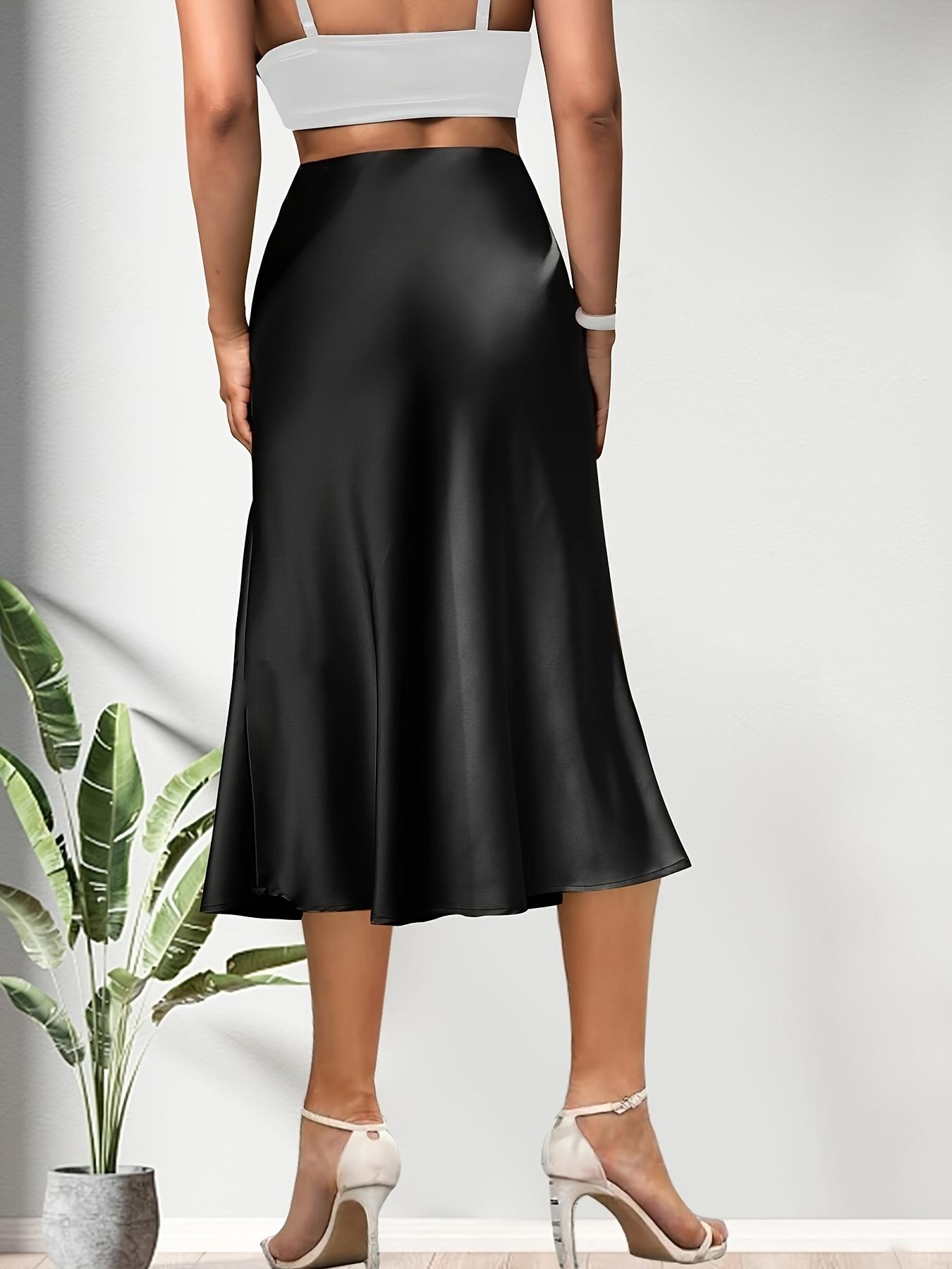 Women's Solid Color Side Pocket Satin Skirt, Elegant Fashion Casual High Waist Flared Skirt Design Midi Skirt for Daily Outdoor Wear, Women Bottoms for Summer