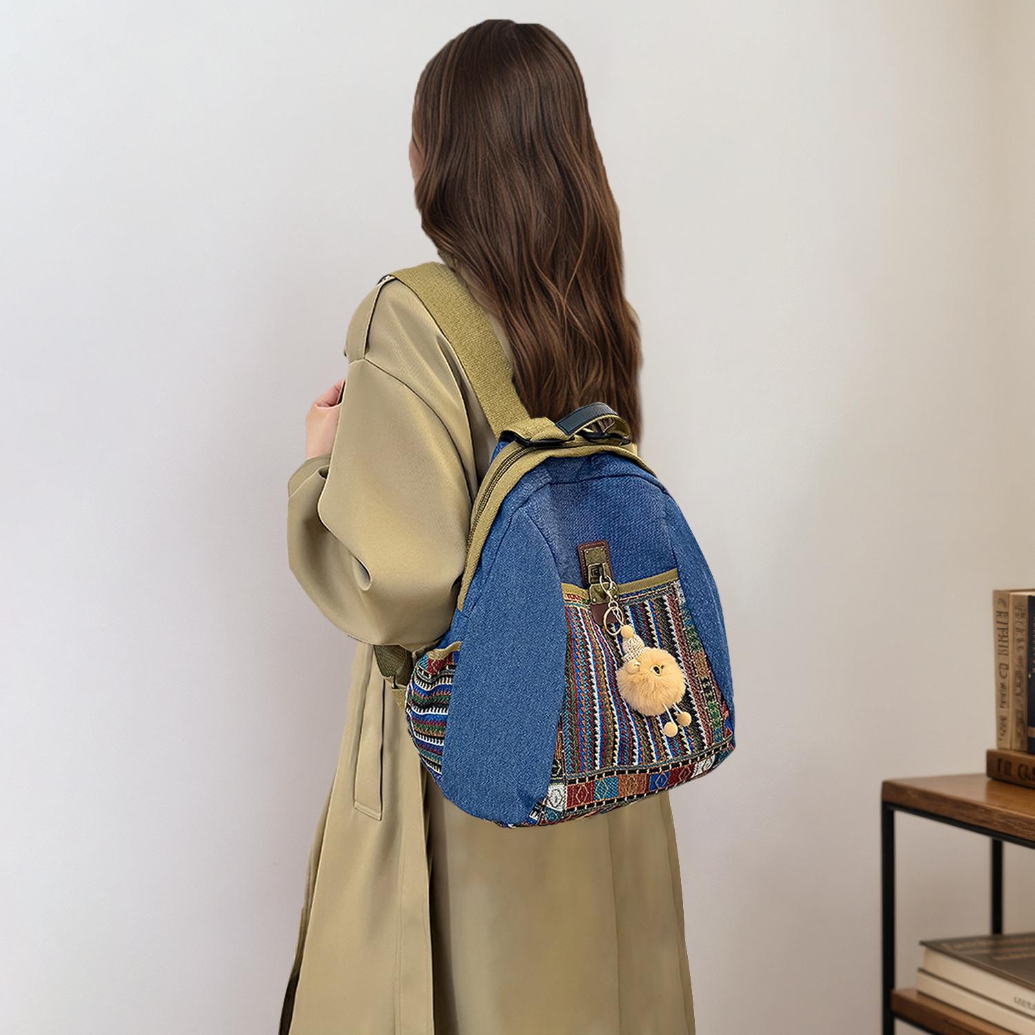 Women's Practical Denim Rucksack with Double Zipper Closure, Classic Printed Shoulder Bag with Adjustable Strap and Top Handle for Casual Daily Use and Commuting