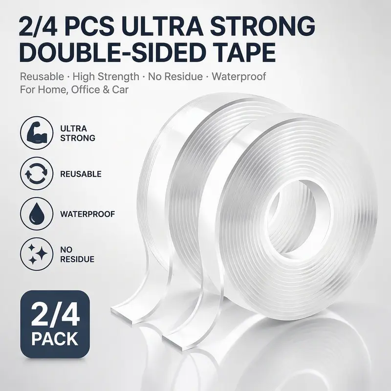 2/4 Pieces Super Strong Double-Sided Tape, Reusable, High Strength, No Residue, Waterproof, Ideal for Home, Office, Car, Crafts, Painting, Wallpaper, Adhesive Waterproof