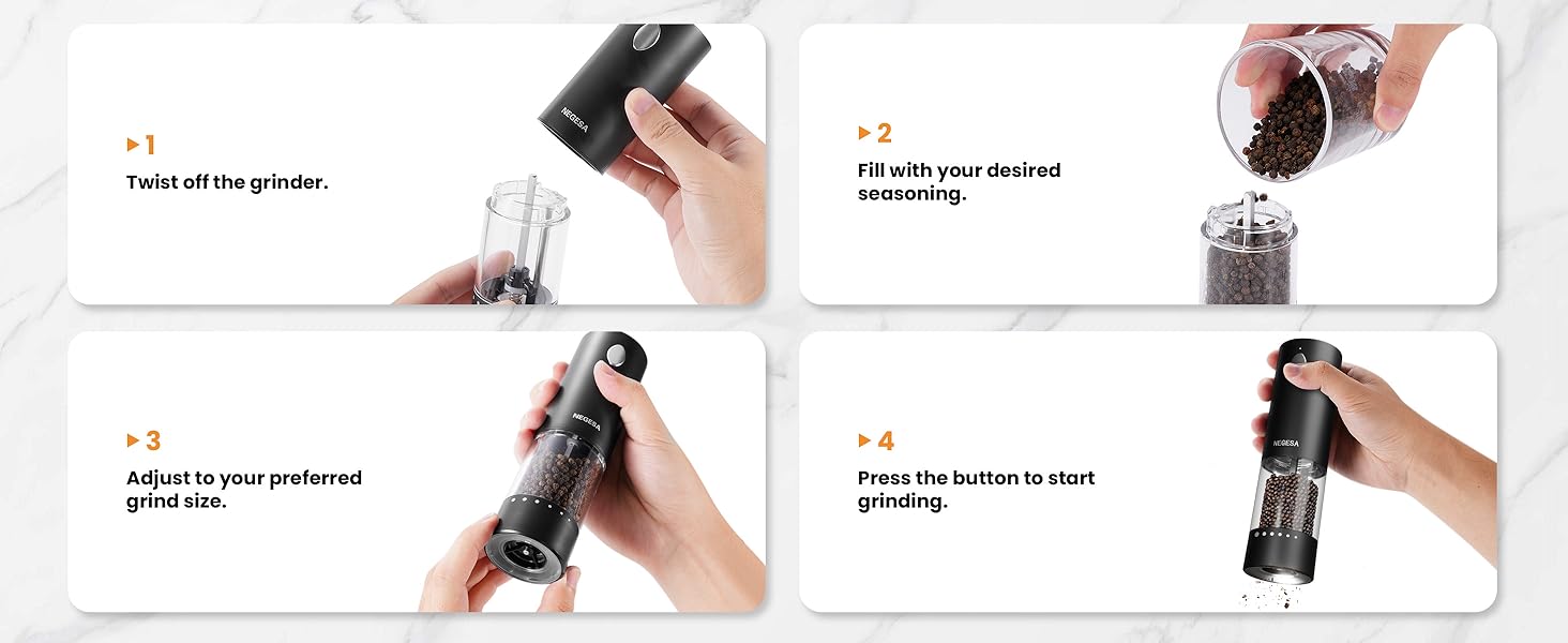 Electric Salt and Pepper Grinder Set with Rechargeable Base - Automatic Refillable Electric Salt and Pepper Shakers with Large Capacity, LED Light & Adjustable Coarseness, Black