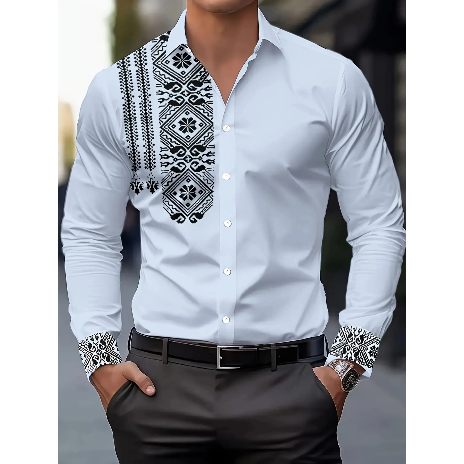 Christmas Men's Casual Fashion Shirt - Breathable Polyester, Button-Up Long Sleeve with Stylish Black & White Print, Ideal for Spring/Fall