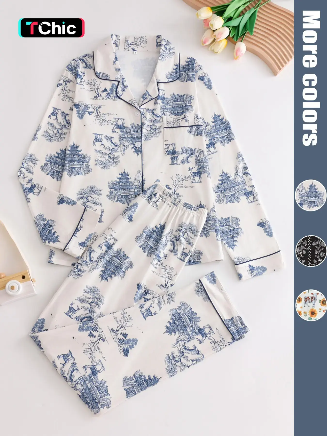 Two-Piece Set Women's All Over Print Button Front Pocket Lapel Shirt & Elastic Waist Pants Pyjama, Casual Comfy Long Sleeve Top & Trousers PJ Set, Women's Sleepwear & Loungewear for Spring & Fall