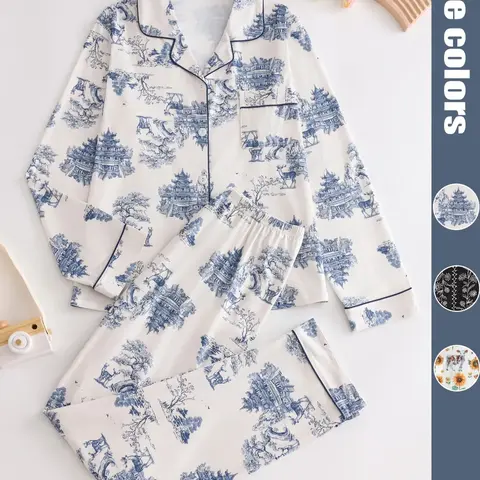 【Black Friday】Women's Two-Piece All-Over Print Pajama Set, Button-Front Lapel Shirt with Pocket and Elastic-Waist Pants, Casual Long-Sleeve Sleepwear for Spring and Fall