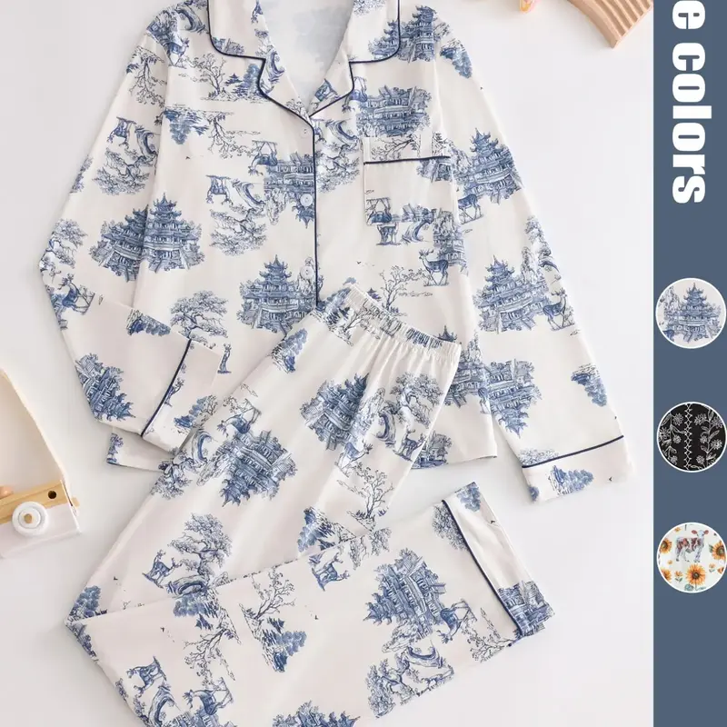 【Black Friday】Women's Two-Piece All-Over Print Pajama Set, Button-Front Lapel Shirt with Pocket and Elastic-Waist Pants, Casual Long-Sleeve Sleepwear for Spring and Fall