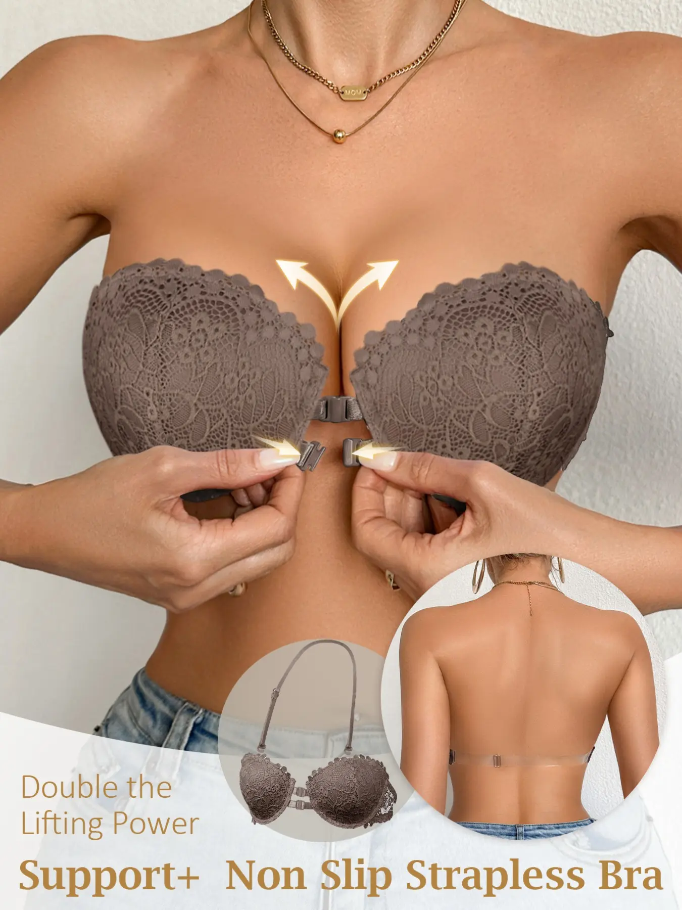 Women's Double-Front-Closure Bandeau Bra with Lift-and-Lift Effect and Removable Straps Summer Everyday Bandeau Bra Comfortable and versatile, Elegant, suitable for dresses and gowns Strapless Convertible Bra