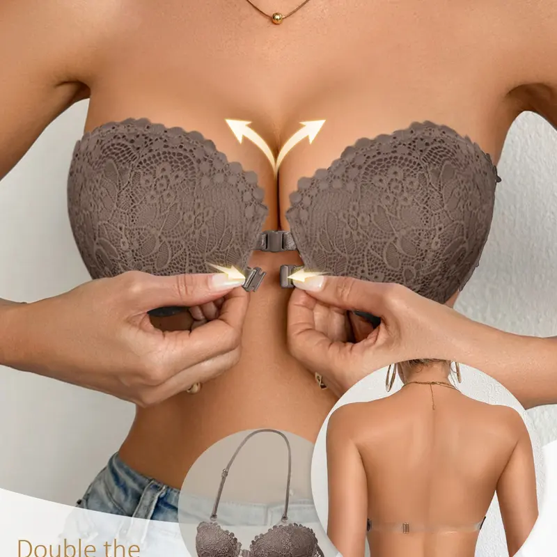 Women's Front Buckle Push-Up Bra, Detachable Straps, Summer Everyday Bra, Elegant, Comfortable and Versatile, Suitable for Dresses, Lightweight and Unlined