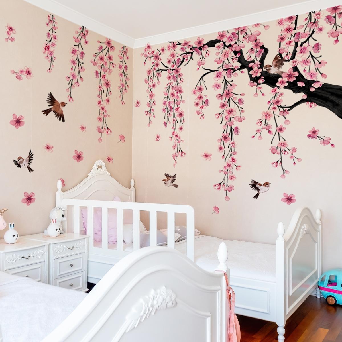 Peach Blossom Tree & Bird Pattern Wall Sticker, 4 Sheets/set Self Adhesive Wall Decal, Decorative Mood Calming Stickers for Home Living Room Bedroom, Wall Art Stickers, Vinyl Wall Stickers, Floral Pattern Sticker