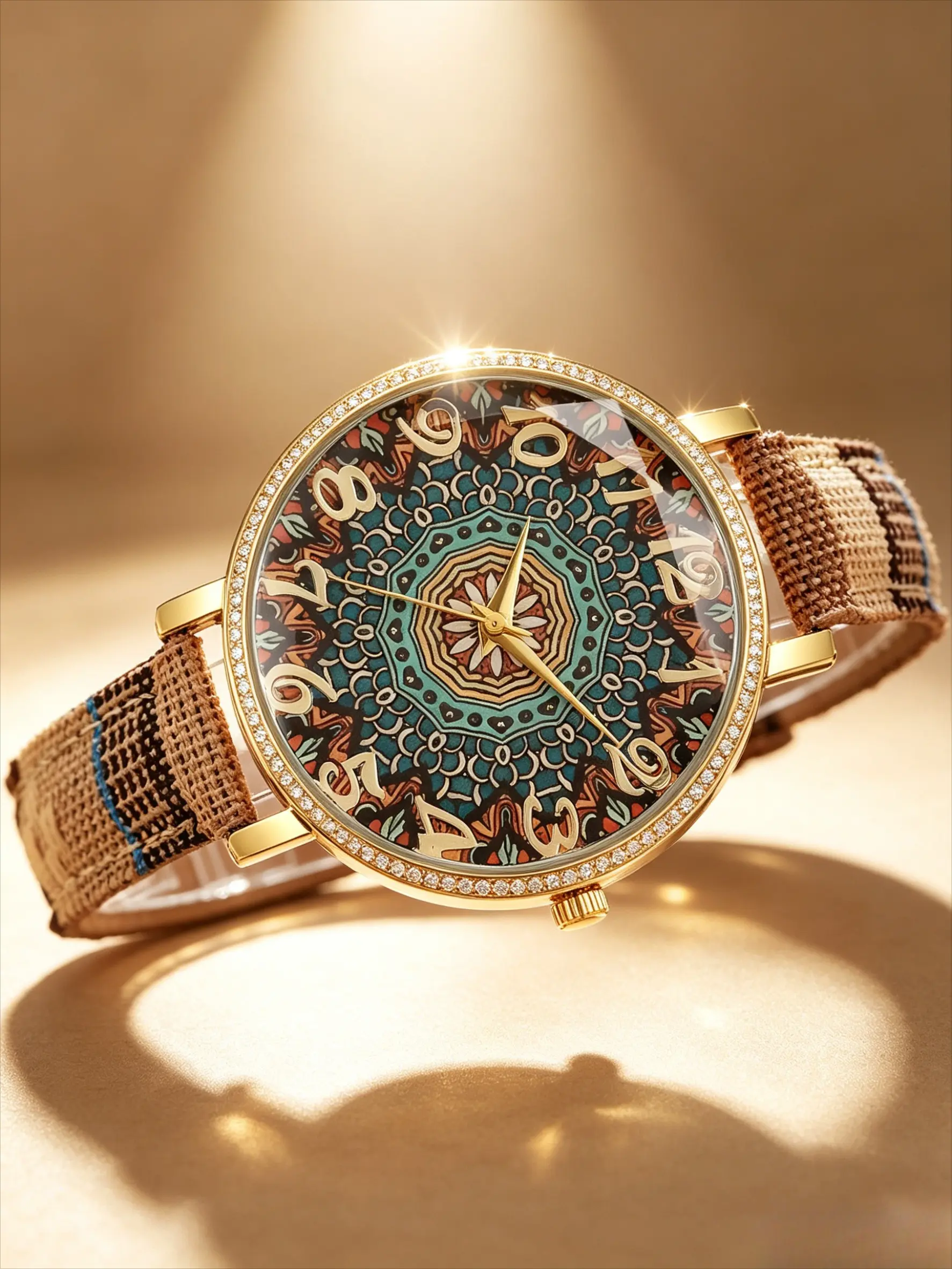 Multi Pattern Bohemian Woven Strap Women Quartz Watch, Analog Quartz Watch, Mandala & Butterfly Art Print Big Dial Gold Case Casual Wristwatch, Fashion Wristwatches, Ethnic Outfit Accessory, Ideal Birthday Holiday Gift For Ladies