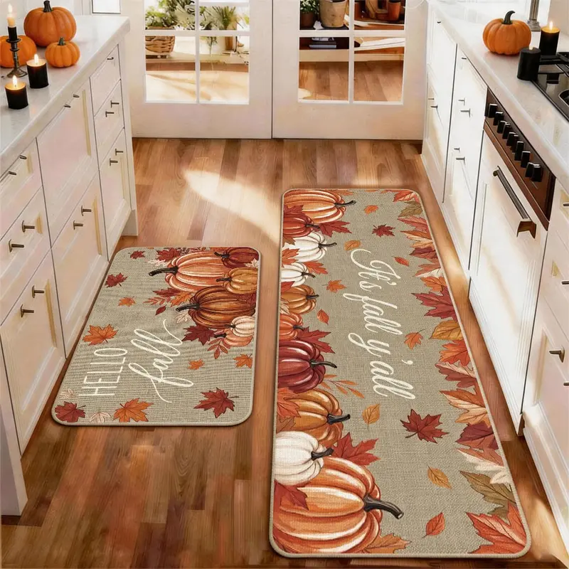 2pcs Thanksgiving Fall Kitchen Mat Gug Set with Pumpkin Maple leaves Pattern, Non-Slip Soft Low Profile,Floor Mat Set Farmhouse Kitchen Rug Dining Room Flooring Laundry Room Decor Carpet Mat, Decorative Rug Mat, Kitchen Rugs Mats