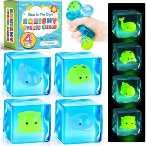 VISCOO 4 Pack Stress Cube -Glow in The Dark Sea Animal Inside Squishy Toys, Nice Cube Squishy Stress Balls for Anxiety Relief, Squeeze Toys for Kids Adults,Fidget Gummy Toys for Party Favors