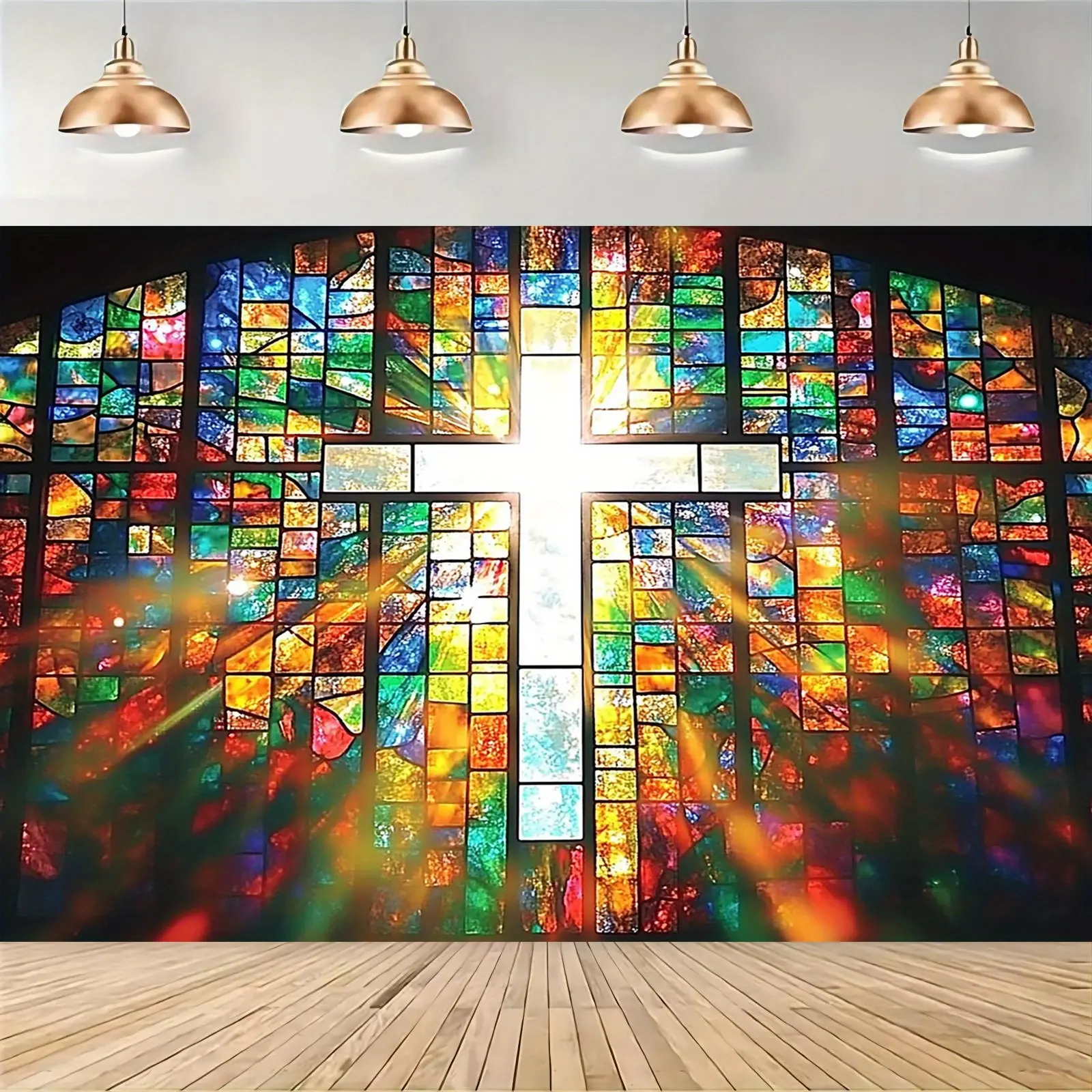 Vibrant Stained Glass Cross Tapestry Multi-Purpose Party Banner for Weddings, Birthdays & Events