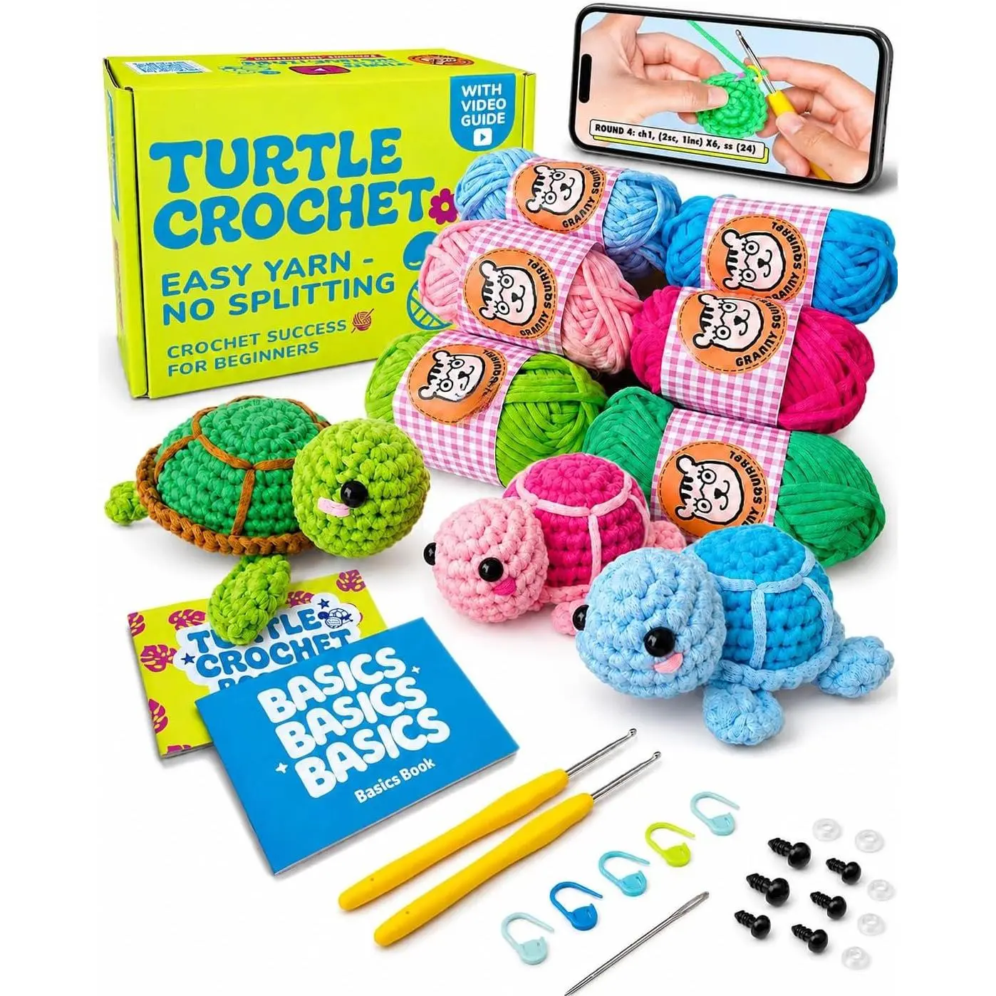 Beginner Turtle Crochet Kit - DIY Amigurumi Craft Set with Video Tutorials, Easy No-Split Yarn - Complete Starter Kit for Adults & Ages 13+