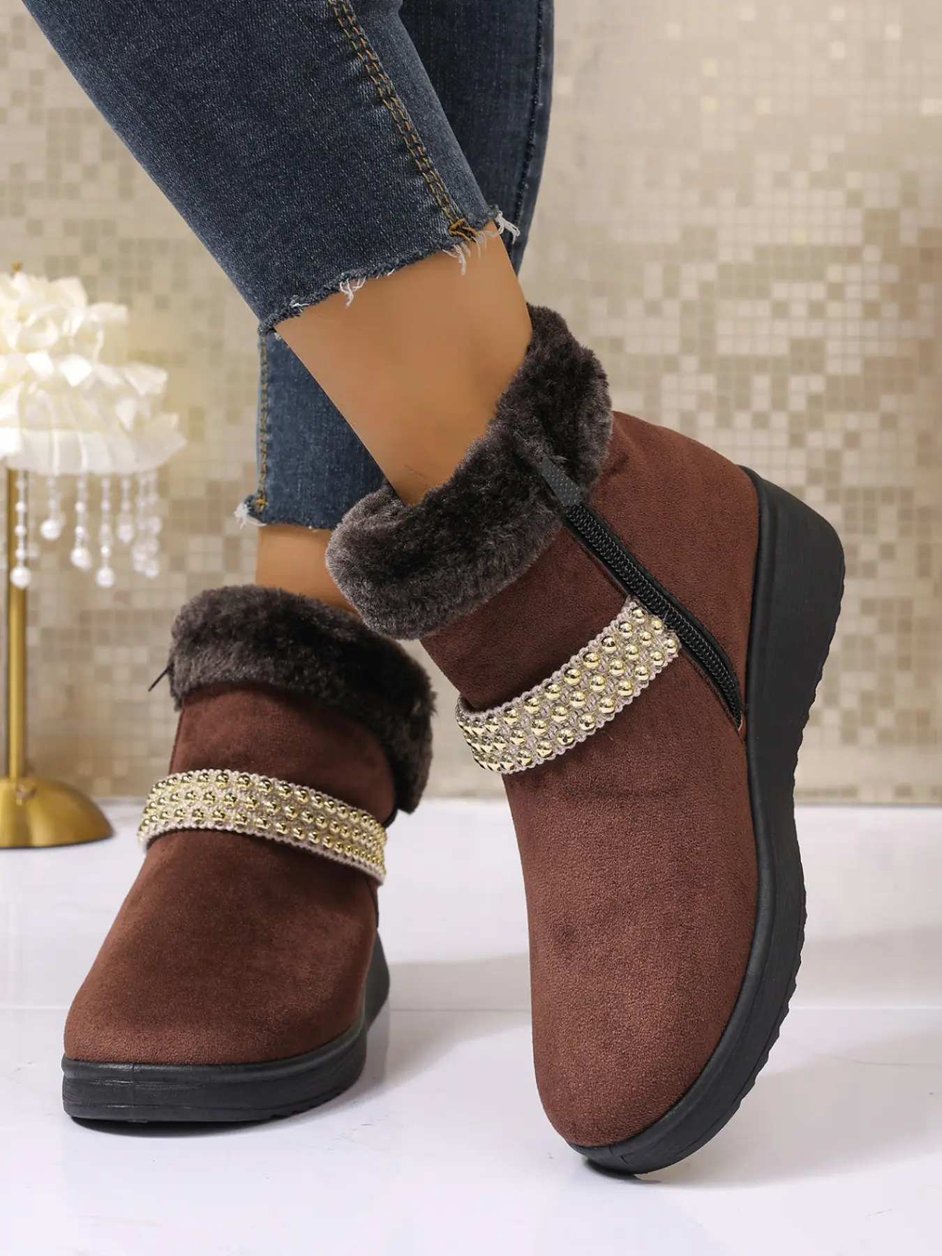 Waterproof Winter Boots with Rhinestones, Thickened Faux Fur Wedge Shoes, Non-Slip Outdoor Snow Boots, Daily Commute Cotton Boots