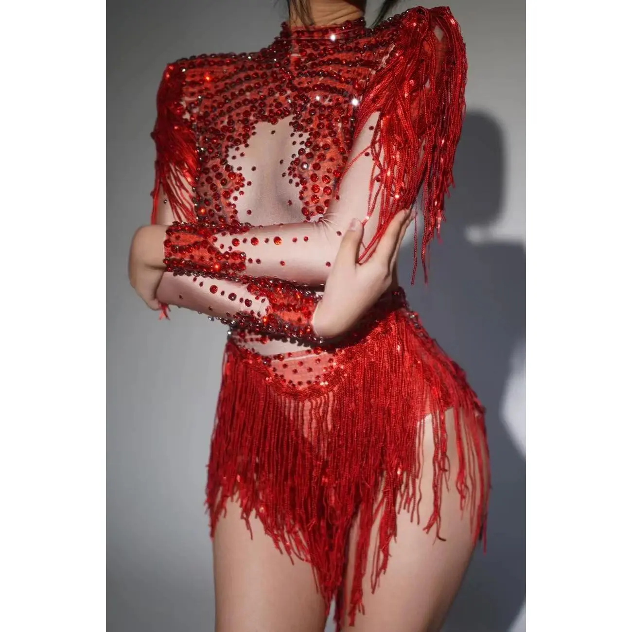 Sexy Elastic Rhinestone Tassel Party Bodysuit OutfiSet Women Nightclub Prom Crystal Fringe LeotardDance Stage Wear Nainiang Q025