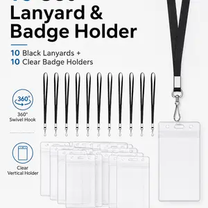 10 Sets Fashion Polyester Lanyard with Transparent Card Holder, 360° Rotating Metal Hook, Durable Flat ID Badge Strap for Office, School, Travel