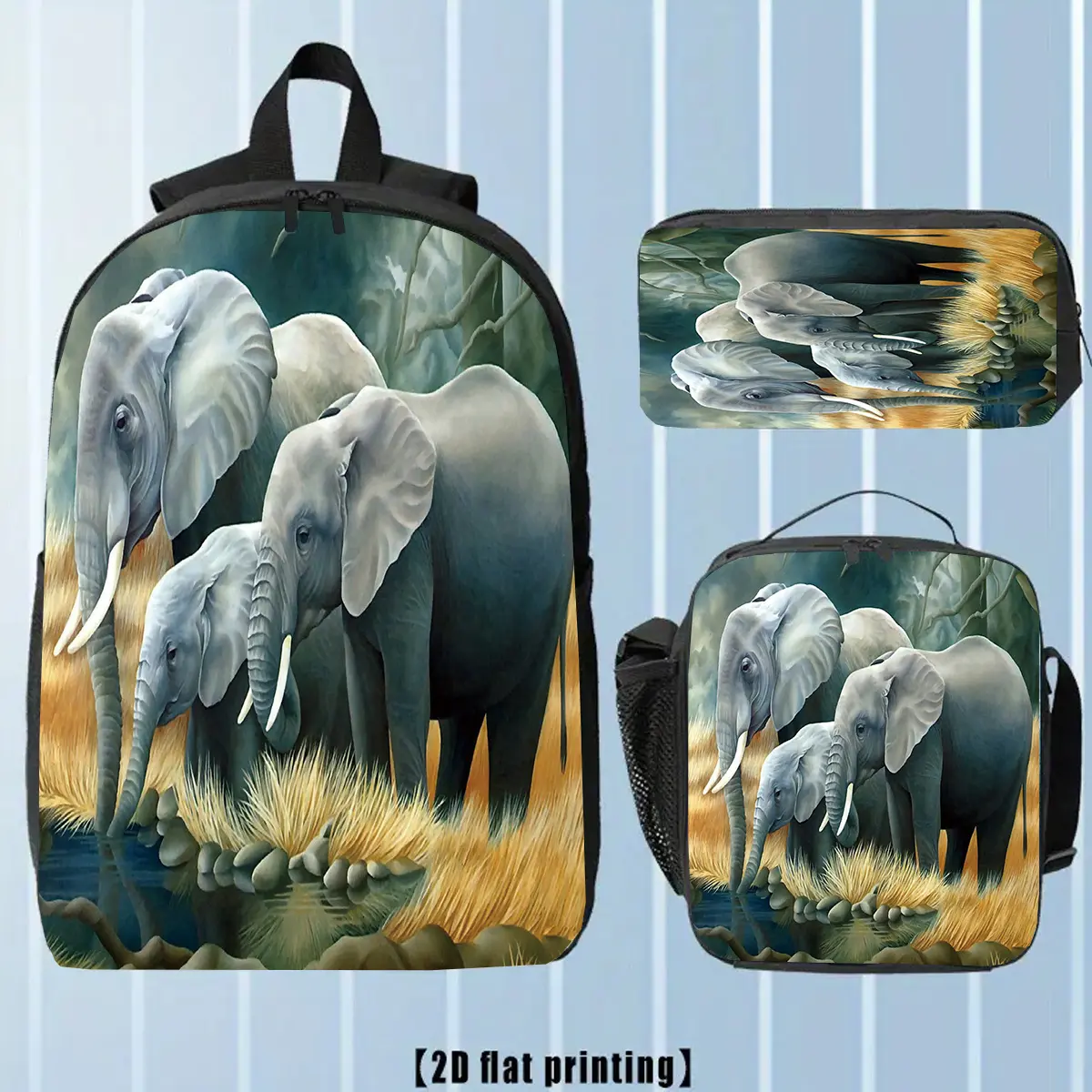 3-Piece Watercolor Elephant Backpack Set for School, Basic 17-Inch Laptop Bag with Lunch Box and Pencil Case, Large Capacity & Lightweight Holiday Gift, Back To School Haul, High-Capacity, Casual, Backpack Lunchbox, Zip Closure