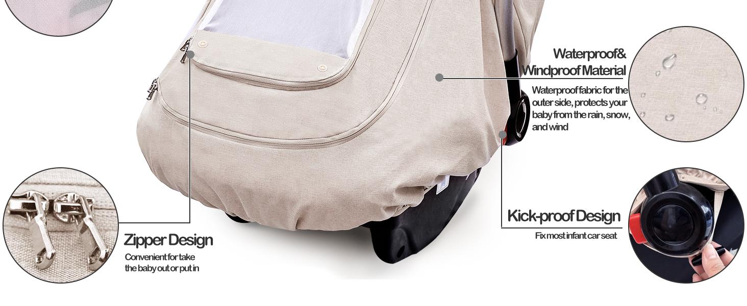 Waterproof Baby Car Seat Cover, Patented Cold Weather Carseat Cover for Babies,Infant Car Seat Cover Canopy for Boy Girls, Keeps Babies Warm and Cozy (Beige)
