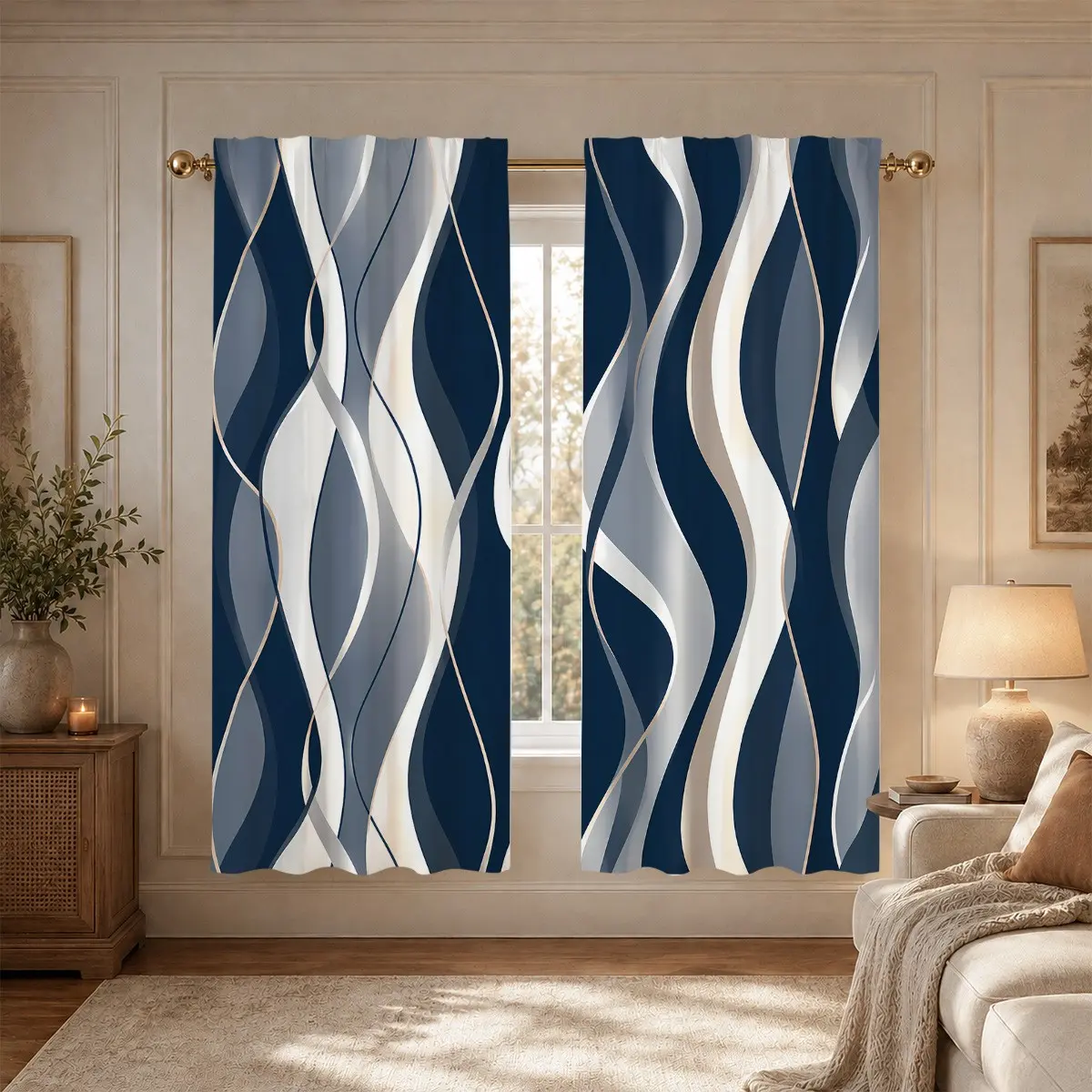 2pcs dark blue wavy semi-blackout curtains, light luxury fabric for living room and bedroom, made of polyester, suitable for bedroom, kitchen, study, cafe, etc.