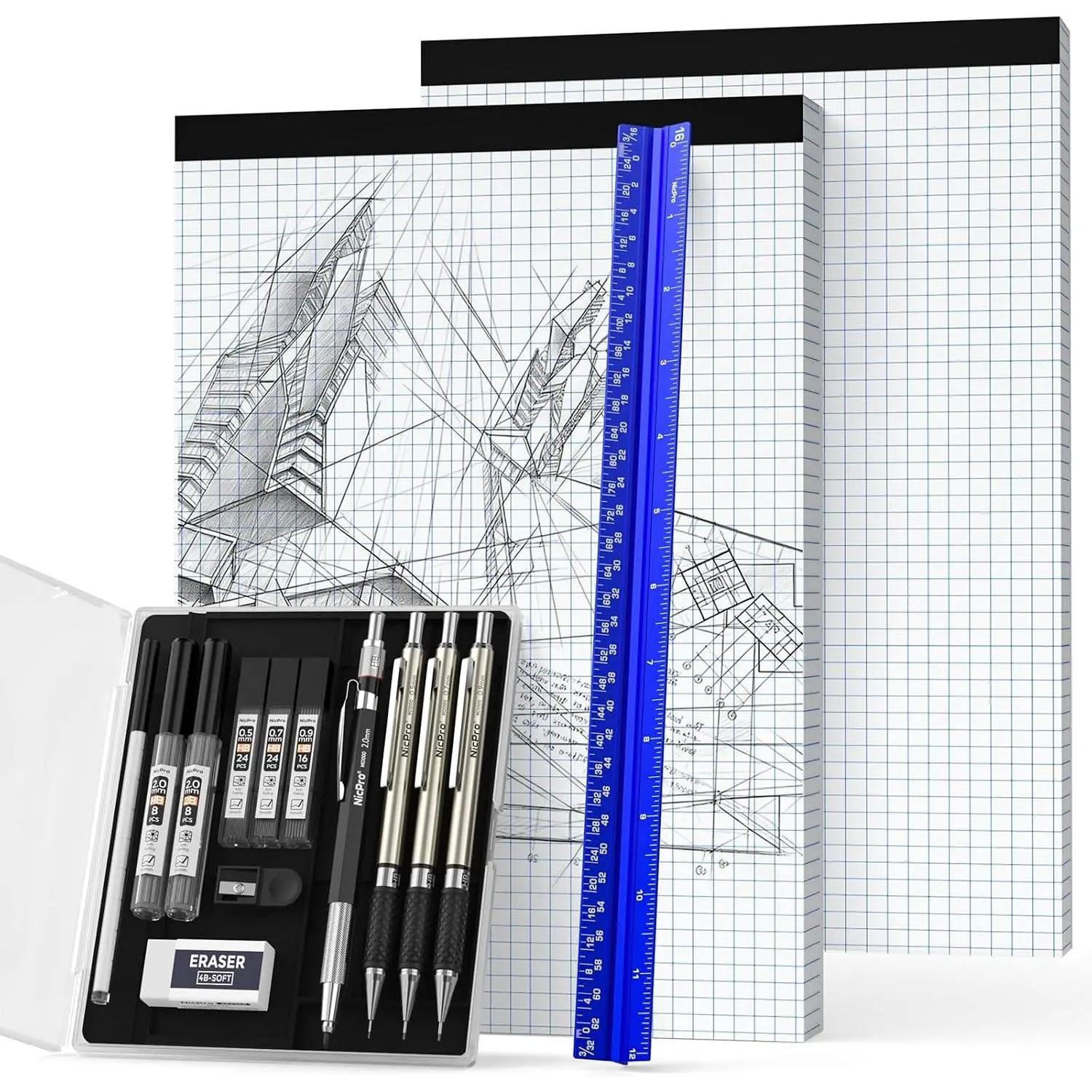 16PCS Drafting Tool Geometry Set with 12'' Architectural Scale Ruler