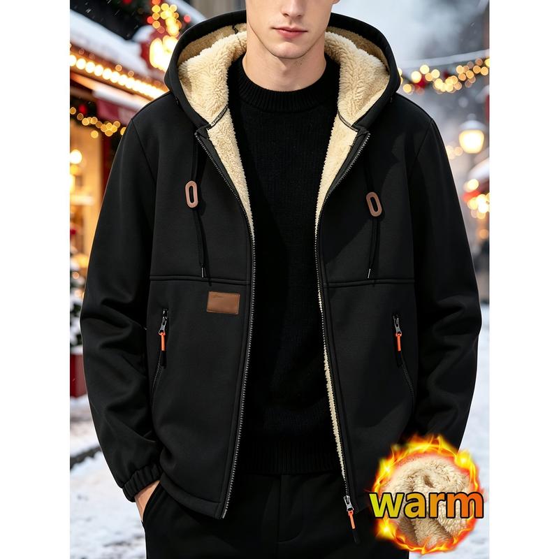 Men's Fleece Hooded Jacket - Longsleeves, Loose Fit, Thick, Drawstring Hoodie with Zip Closure, Zipper Pockets, Comfortable Casual Outerwear for Autumn-Winter