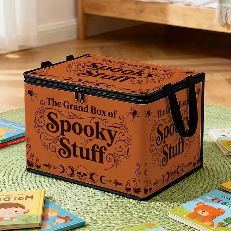 Vintage Gothic Storage Basket, Halloween Typography Pattern, Quick-Zip Foldable Lid, Ideal for Blankets, Living Room, Gift, Guest Room, Closet Storage