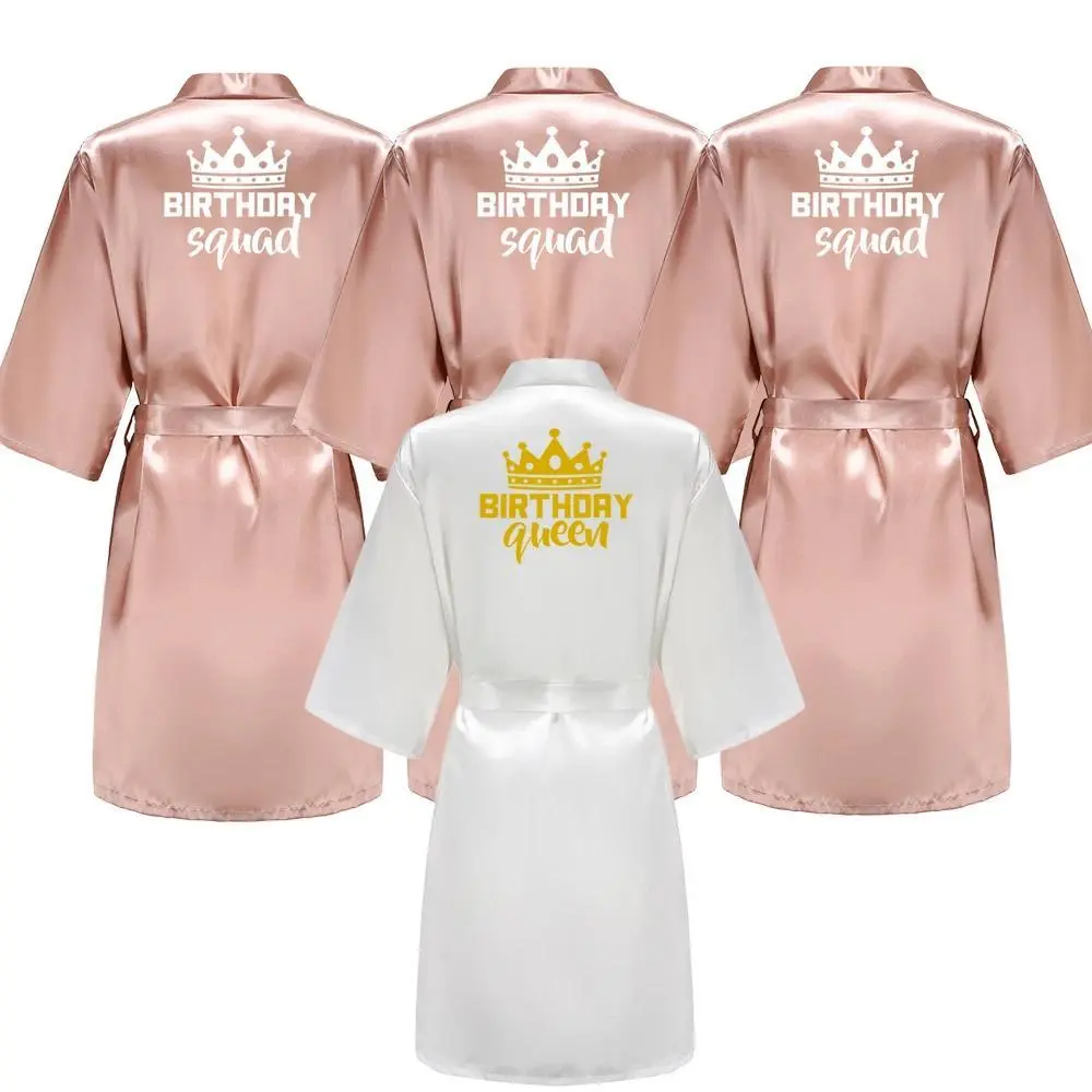 Birthday Party Queen Squad Robes Satin Pajamas Dressing Gown White Writing Kimono Rose Gold Bathrobe