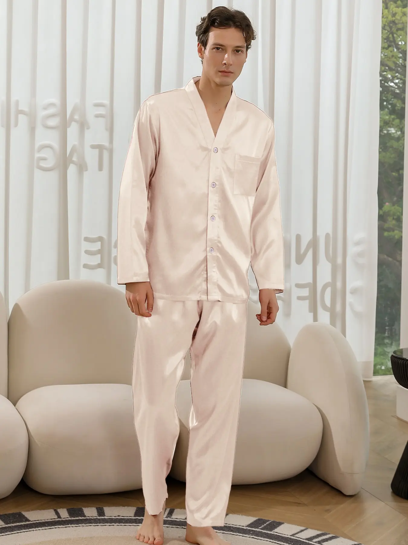Men's Two-Piece Pajama Set, Long Sleeve Sleepwear + Pants, Button Design, Solid Color, All Seasons, Comfortable Home Wear