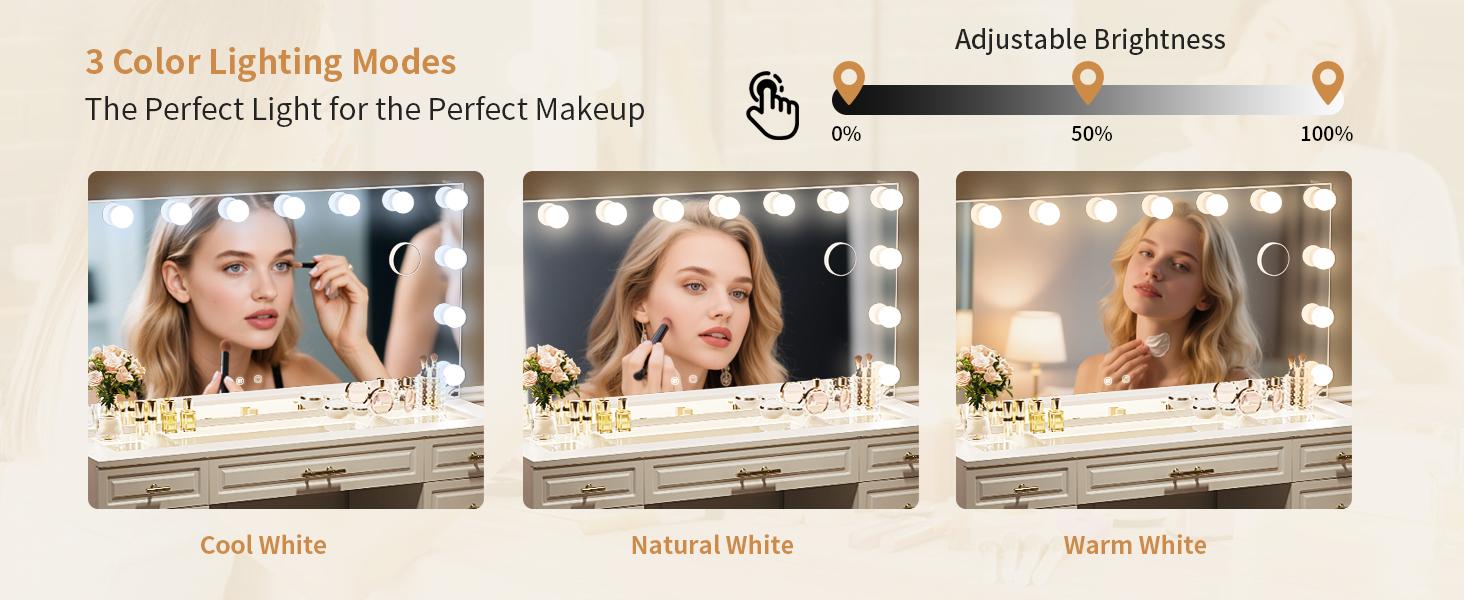 VOWNER Vanity with Lighted Mirror - Glass Top Makeup Vanity Desk w/Bluetooth Speaker, 14 Lights and 11 Drawers, 3 Color Lighting Modes Adjustable Brightness, Makeup Desk with Outlet for Bedroom, White