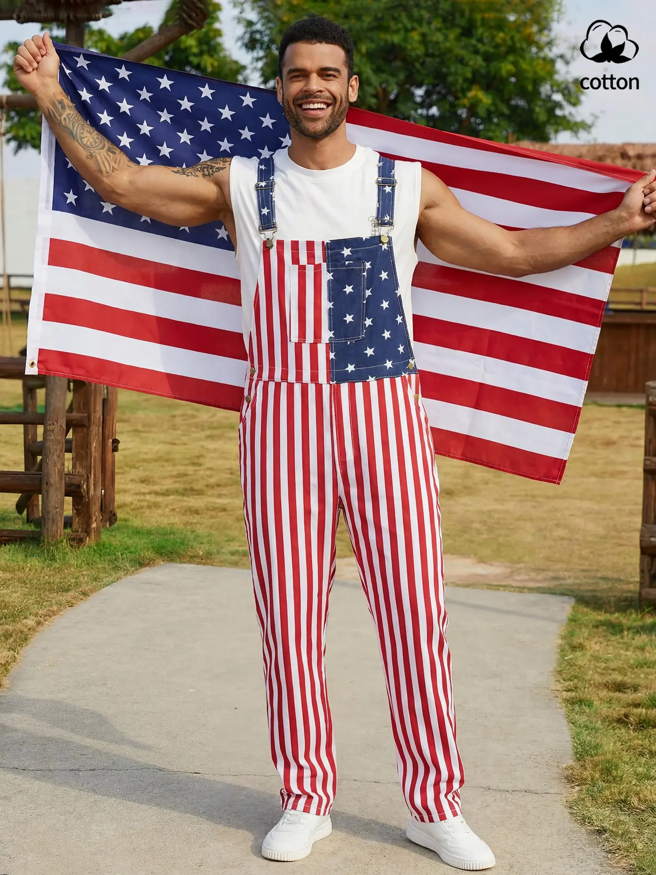 Independence Day Must-Have: Adjustable Flag Belted Drawstring Overalls Pants, Couples' Patriotic Style Outfits, Eye-Catching for Summer, Unisex Design, Striped Flag Print