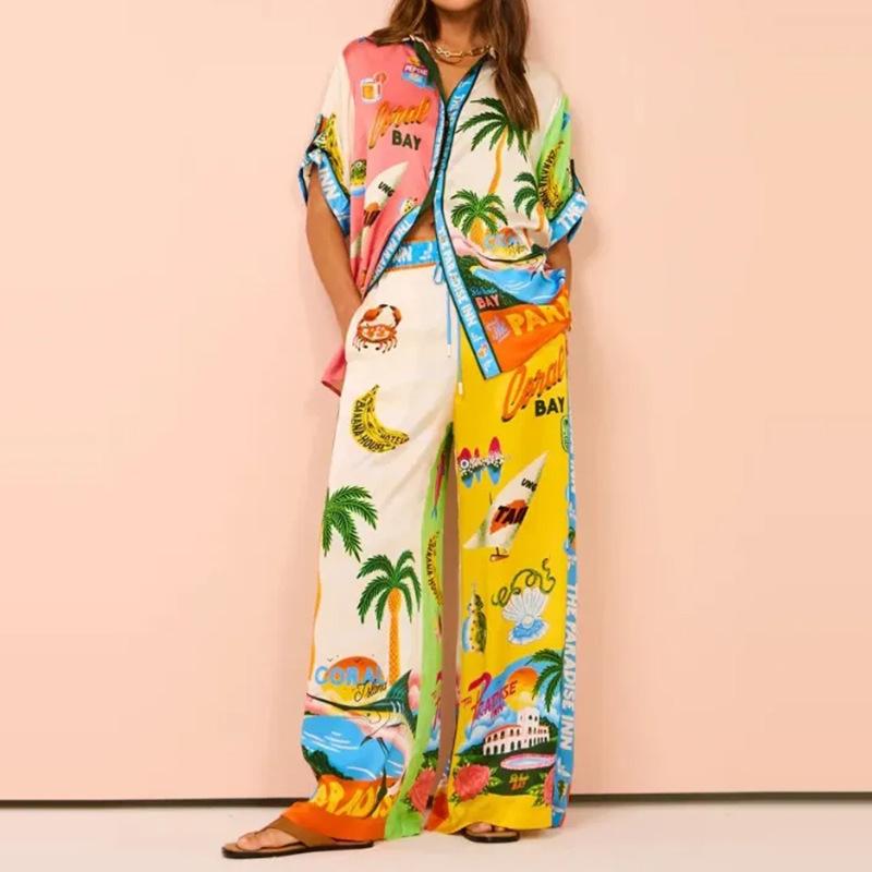 2026 Spring New Women's Clothing Set Printed Batwing Sleeve Waist-Cinching Wide-Leg Pants Set