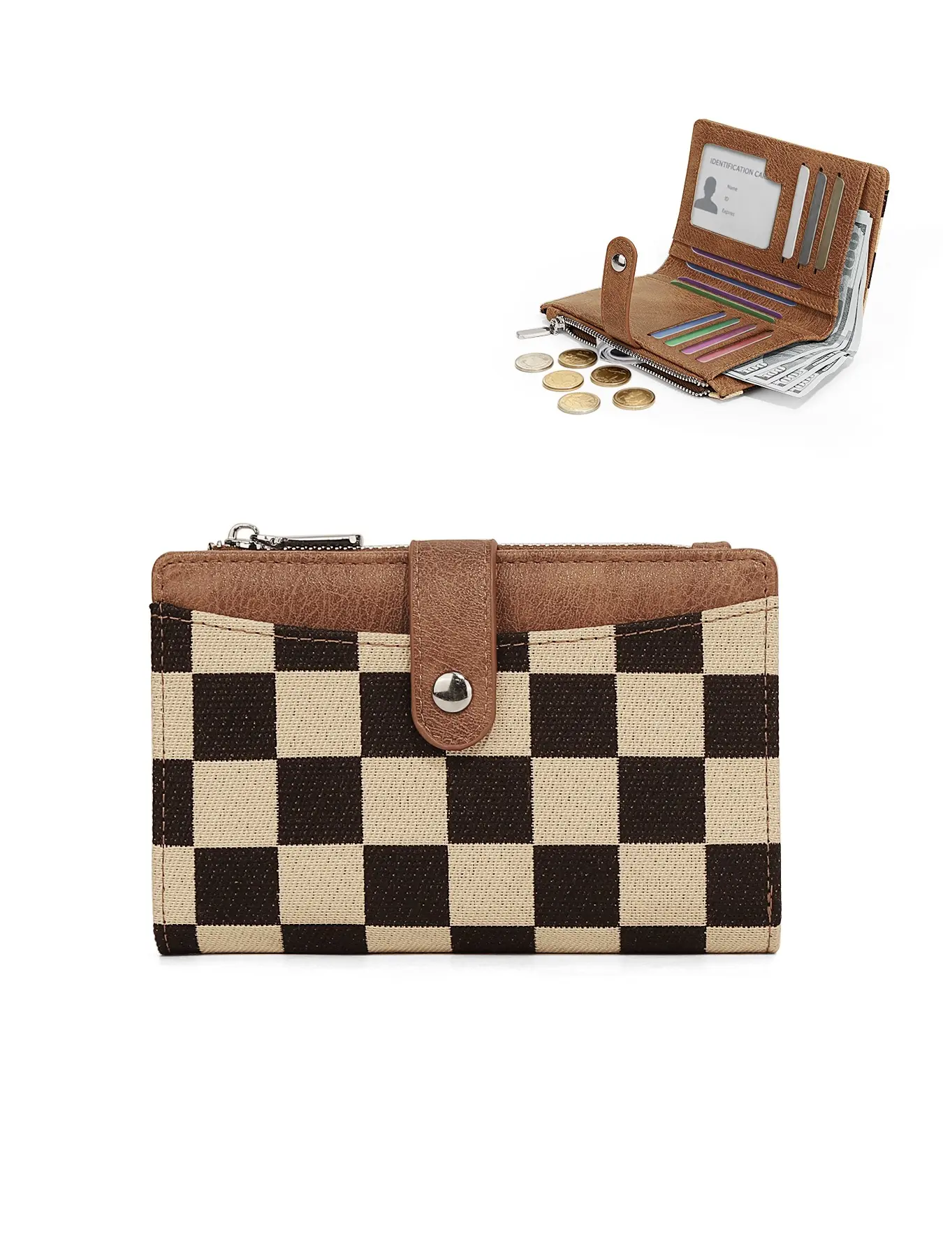 Women’s Vintage Checkered Wallet with Zipper Coin Pocket, Slim Bifold Card Holder with ID Window, Multiple Card Slots, Compact Travel Purse Wallet for Daily Use, Vintage Wallets