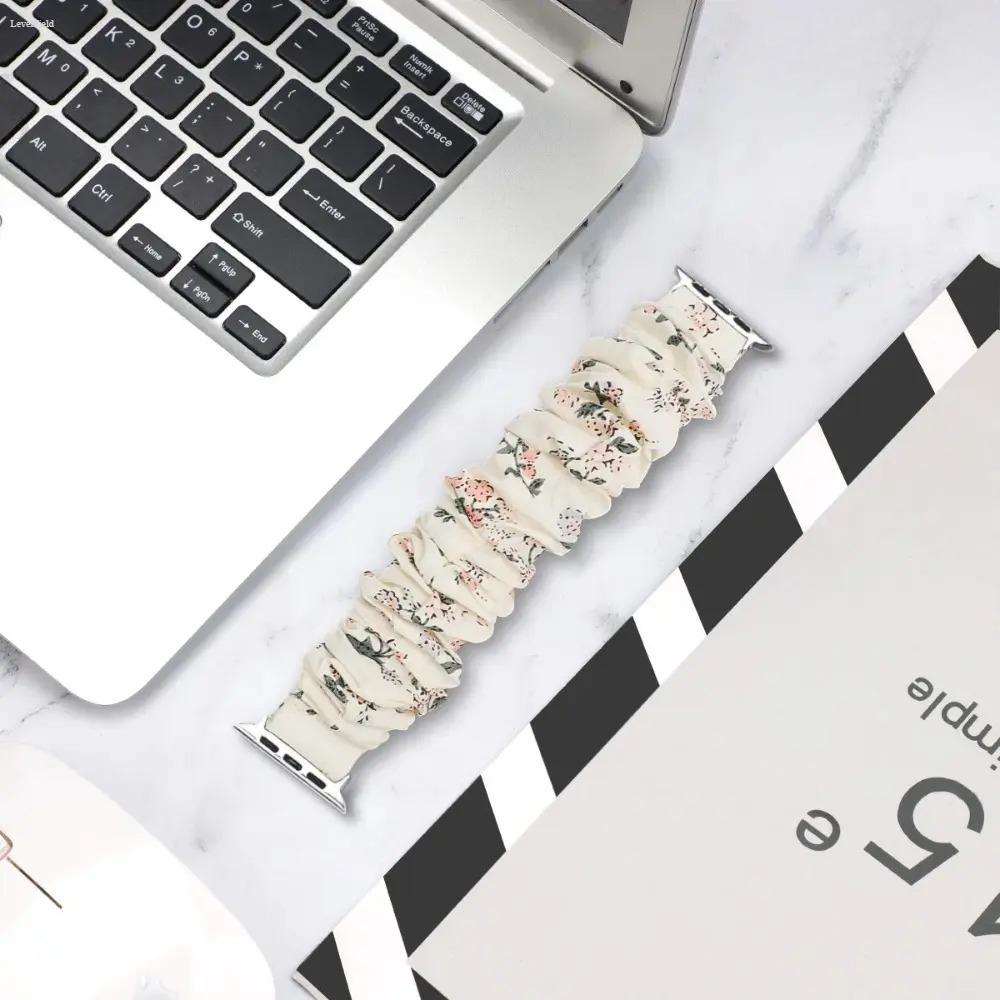 Apple Watch Scrunchie Band for Women – Stretchy Elastic Replacement Strap, Cute Floral Printed Aesthetic Wristband, Soft Comfortable Fit for 38–49mm (Ultra/SE/Series), Perfect for Daily Wear & Outfits