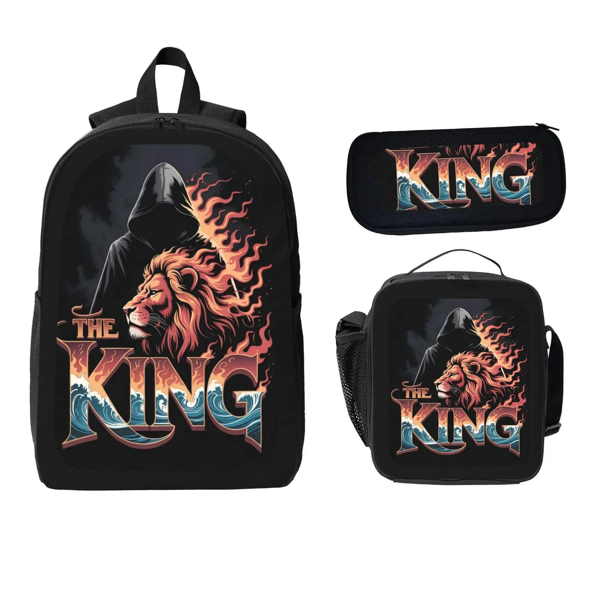 Student 3-Piece Vibrant Lion Pattern Backpack Set - Spacious School Bag, Lunch Box, Pencil Case, Great Gift for Back-to-School, Functional