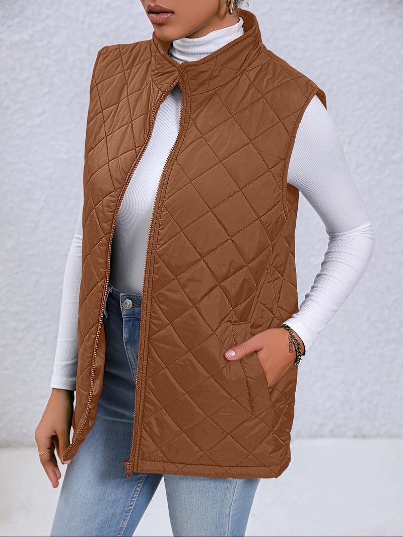 Women's Solid Mock Neck Zip Up Quilted Vest Coat, Casual Pocket Zipper Sleeveless Outerwear For Fall & Winter, Women's Clothes For Daily Wear