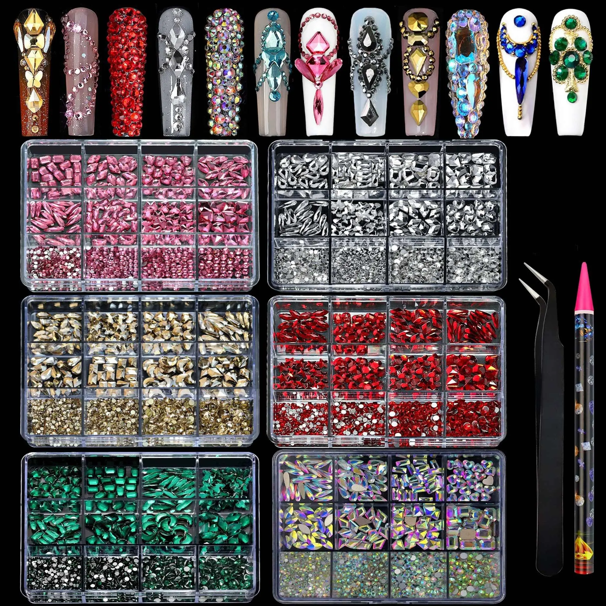 12-grid box of colorful shiny flat-bottom nail rhinestones, shiny nail DIY decoration supplies, Bling Rhinestone Decoration, Diy Nail Art, can also be used for facial decoration, Diy Bedazzling Rhinestones, Mixed Resin Rhinestones