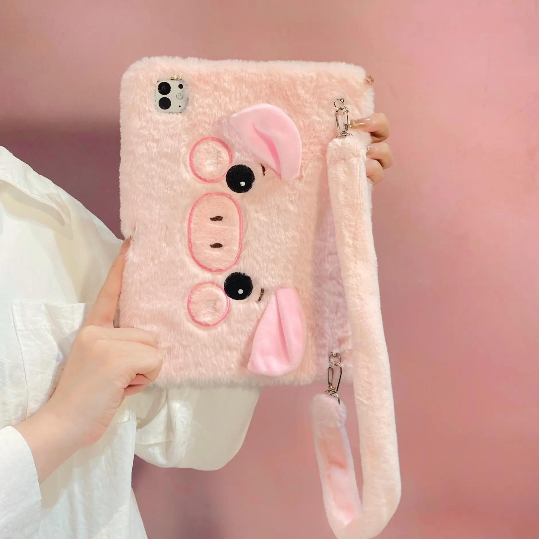 Plush Cute Pig Tablet Case with Handle and Pen Slot, Compatible with iPad Pro/air Mini, Anti-Drop Protective Cover for Girls, Tablet Accessories