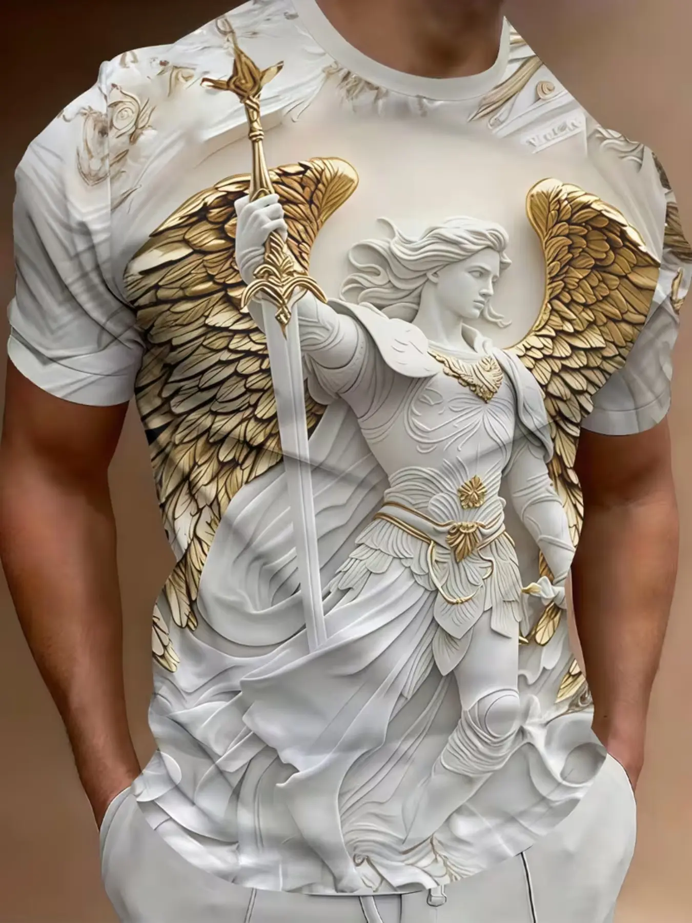 Summer New Half Sleeve Abstract Angel Pattern Short Sleeve Digital Print T-Shirt, Trendy Men's Casual Streetwear Fashion Breathable Top, Menswear