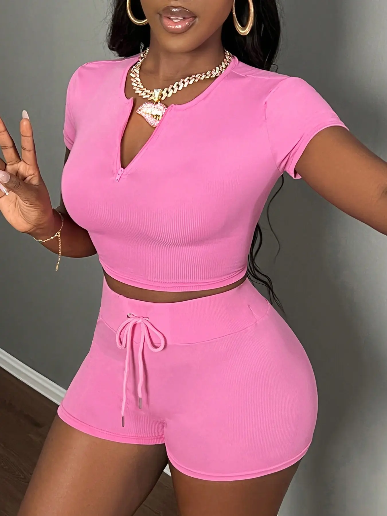 Women's Solid Seamless Tracksuit Set, Sporty Crew Neck T-Shirt & High Waist Biker Shorts, Fall Sportswear, Two Piece Tracksuits, Athleisure Outfits, Athleisure Activewear, Casual Sportswear Set, Fitness Outfits