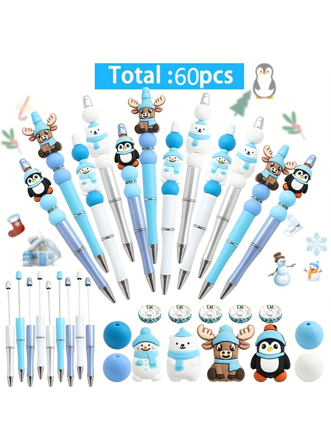 60pcs Winter Christmas Theme Beaded Pens Kit, Beadable Pens, Snowman, Polar Bear, Reindeer, Penguin Silicone Beads, DIY Craft Supplies, Perfect Gift