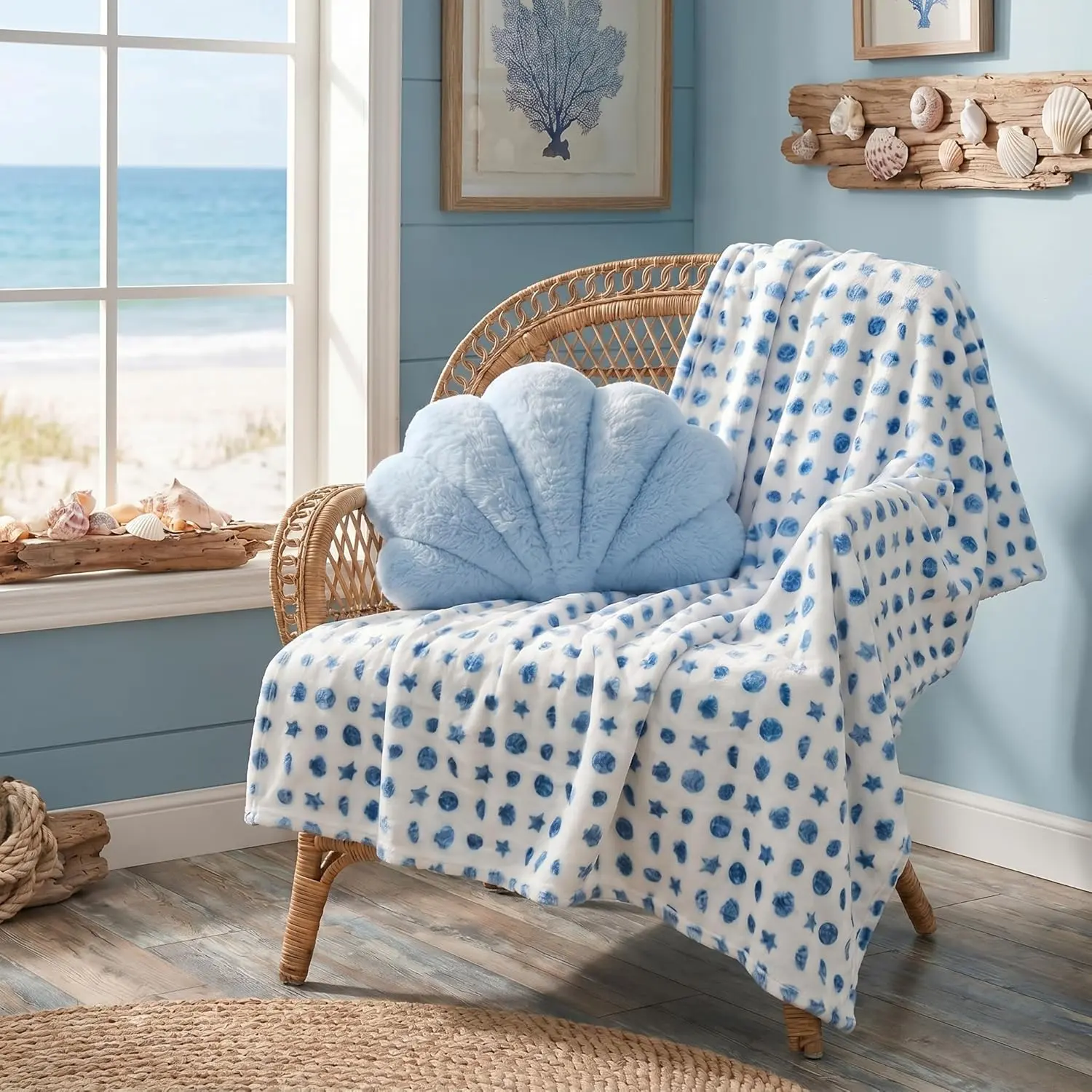 2 Pack Coastal Throw Blanket and Seashell Throw Pillows Set Include Blanket 50x60in Dusty Blue Pillows  Beach Soft Decor  Starfish Seashell Print for Gifts Sofa Bed