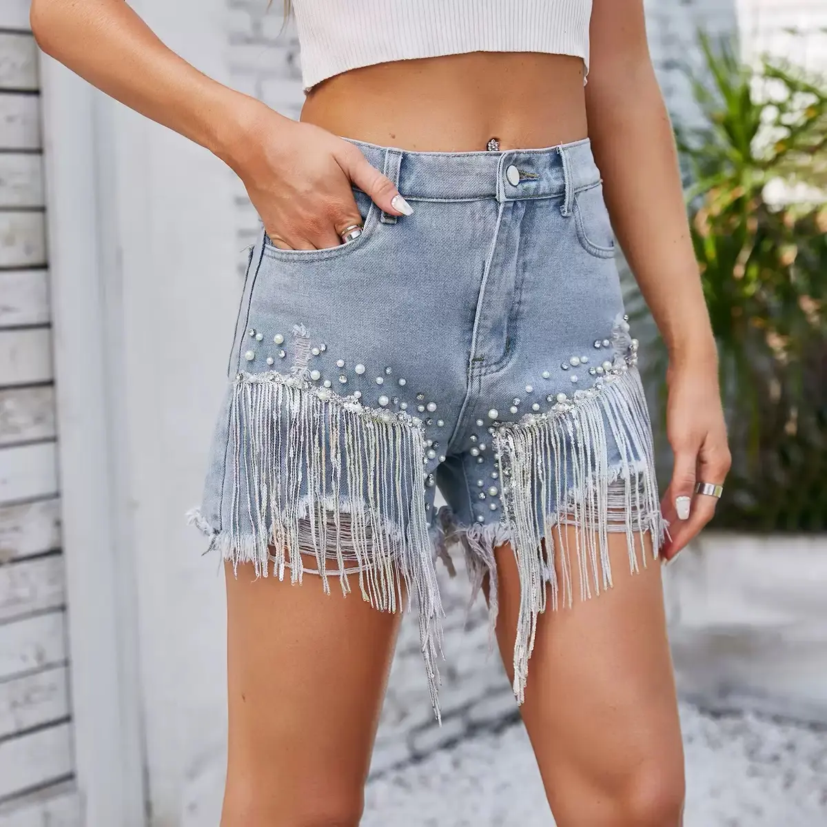 Women's High Waisted Denim Shorts with Silver Sequin Fringe and Pearl Beading Distressed Frayed Hem Jean Shorts Clubwear Festival Party Outfits Cowgirl Style Fabric