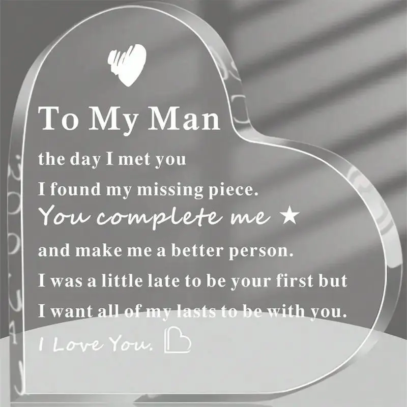 To My Man Gift, 1 Count Letter Pattern Acrylic Heart Shape Keepsake, Birthday Gifts for Boyfriend & Husband, Desktop Ornament for Home & Office