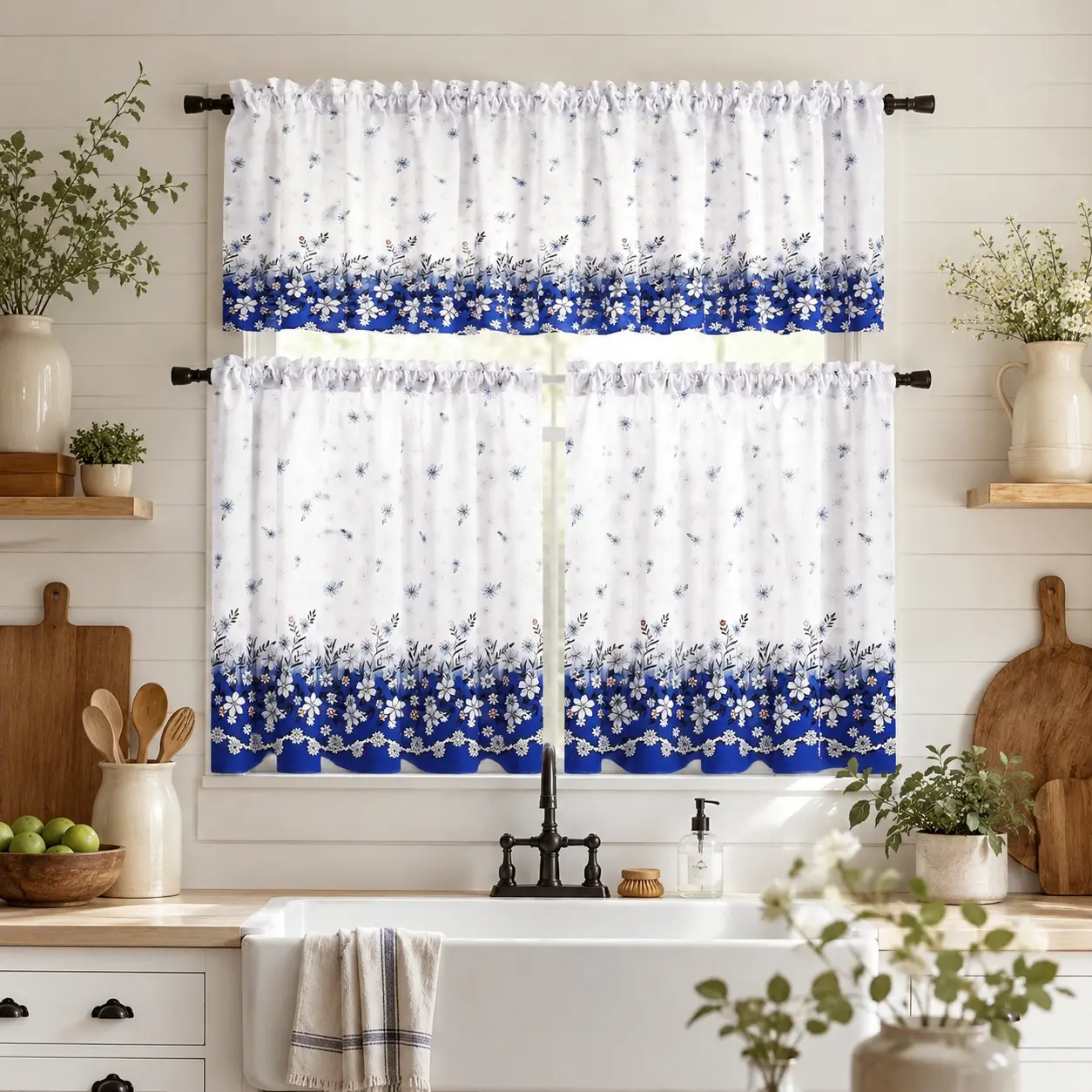 SoftHaven Made in USA Polyester Curtains - Classic Rustic 2D Printed Blue Floral Farmhouse Pattern, Rod Pocket Semi-Sheer Non-Customised Drapes, Removable Machine-Washable Decor for Kitchen, Offices