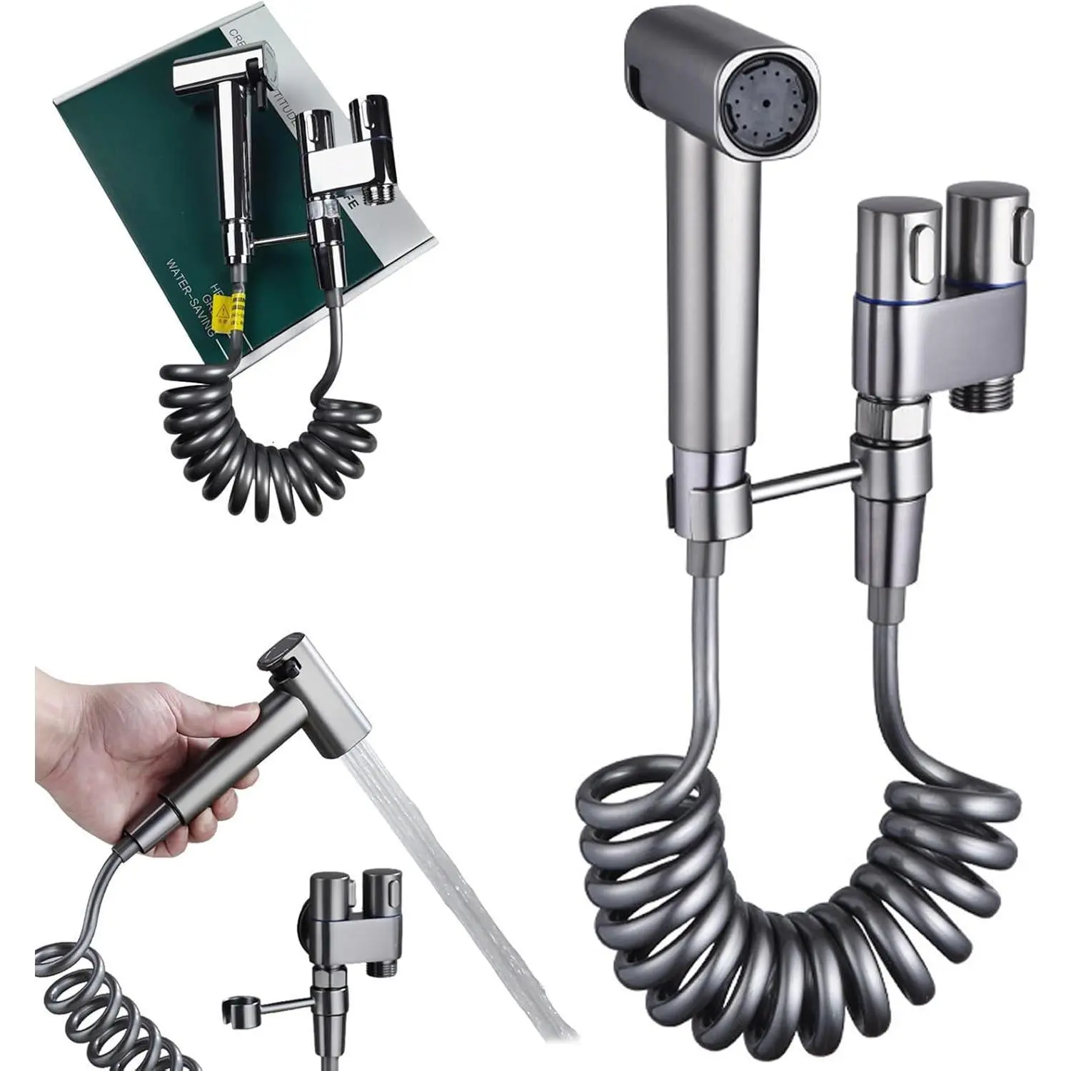 1-In-2-Out Dual Control Valve Bidet Sprayer for Toilet, Handheld Adjustable Water Pressure Sprayer Head, Double Faucet Splitter Washer Kit (Silver)