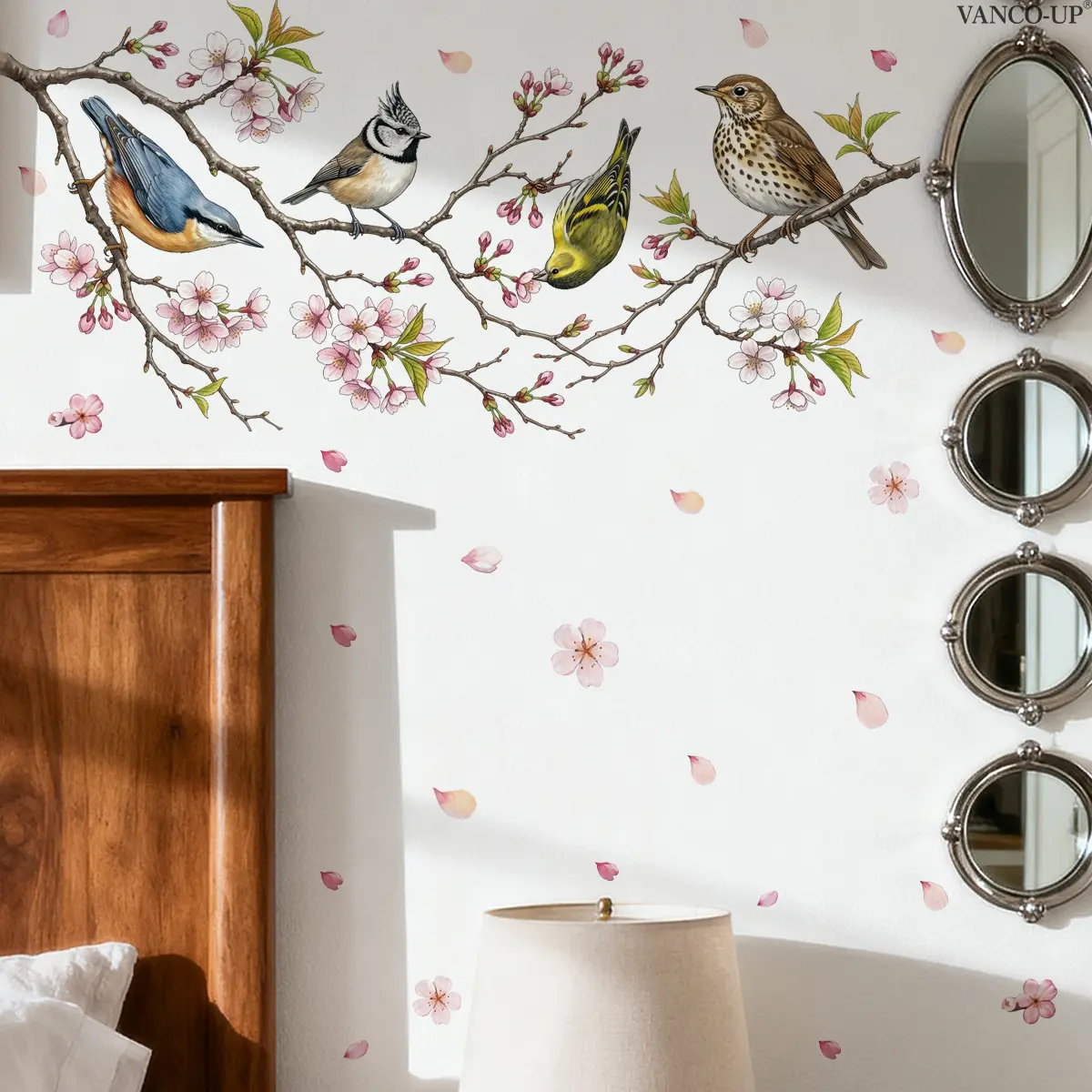 1Pc (30*60cm) Self-Adhesive Wall Sticker with Exquisite Natural Cherry Blossom & Bird Illustrations, Wall Decor Decal for Bedroom, Living Room & Entrance Hall, Floral Wall Decals