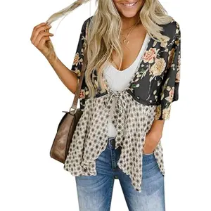 Saodimallsu Womens Tie Front Kimono Cardigans Floral Lightweight Ruffle 3/4 Sleeve Boho Flowy Beach Cover Ups summerwins