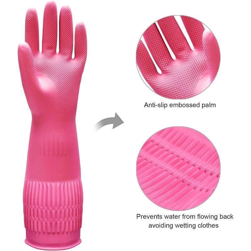 Valentine’s Day Gift for Him & Her 3 Pairs Non-Slip Durable Dishwashing Gloves | 15" Long-Cuff XL Size 3Colors Rubber | Flexible Kitchen Household Cleaning Gloves