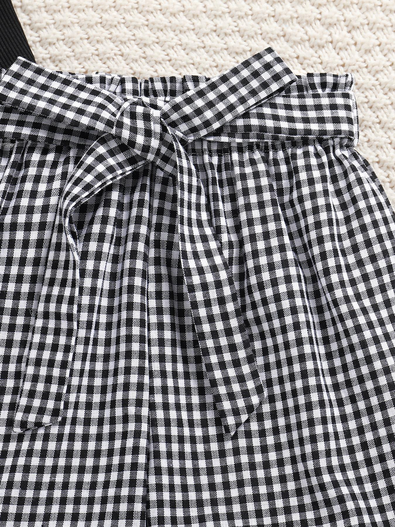 Girl's Plain Tank Top & Bow Decor Plaid Print Shorts Two-piece Set, Casual Sleeveless Top & Shorts Outfit for Daily Wear, Kids Summer Clothes, Clothing