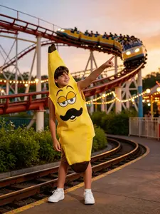 Classic Cartoon Banana Costume, Bright Full Set with Mustache Face Print, Perfect for Theme Parties, Cosplay, and Stage Performances